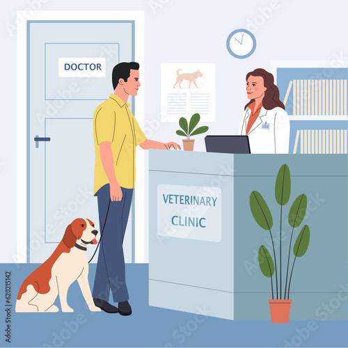 Pet veterinary clinic. Man with dog  on reception in veterinary clinic . Vector flat cartoon illustration