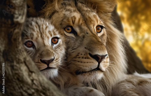 close up portrait of a lion and cub created with Generative AI technology