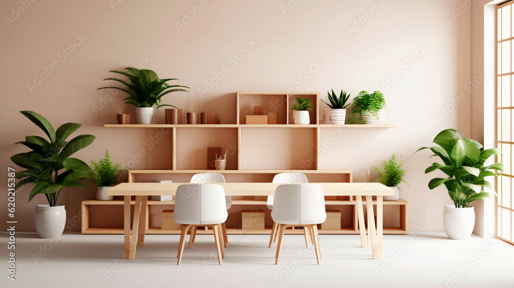 Simple minimalistic modern conference room, with plants and wooden shelves. Generative AI