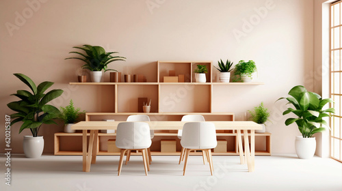 Simple minimalistic modern conference room  with plants and wooden shelves. Generative AI