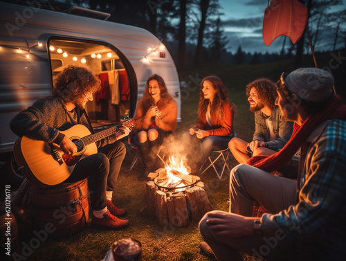 A Group of Friends Playing Guitar and Singing Songs around a Campfire Next to their Camper Van | Generative AI