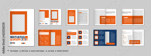 Company profile, multipage brochure template, include cover page, vertical a4 format presentation, landing page, annual report, leaflet, magazine, catalog, trendy minimalist colorful geometric design
