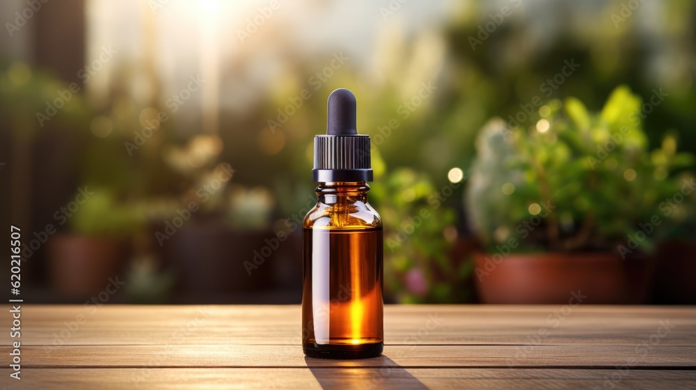 Amber glass bottle with no label and natural wooden and nature background Generative AI Illustration Amber glass bottle with no label and natural wooden and nature background Generative AI Illustration