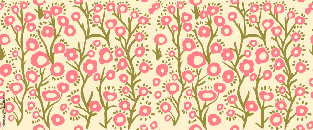 Abstract art of small plant flowers. Seamless background doodle freehand illustration. Organic flowers cartoon background, simple flower shapes in vintage pastel colors.