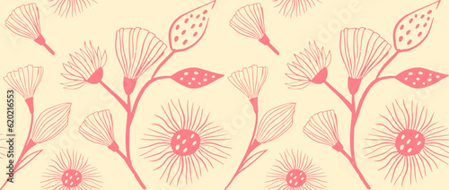 Abstract art of small plant flowers. Seamless background doodle freehand illustration. Organic flowers cartoon background, simple flower shapes in vintage pastel colors.