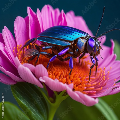  A vibrant scene featuring a tiny, colourful cockroach perched on a beautiful blooming flower.
