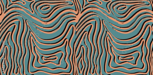 Trippy 1970s seamless pattern. Abstract optical illusion. Psychedelic waves. Wood texture, marble pattern. Drawn by hand.
