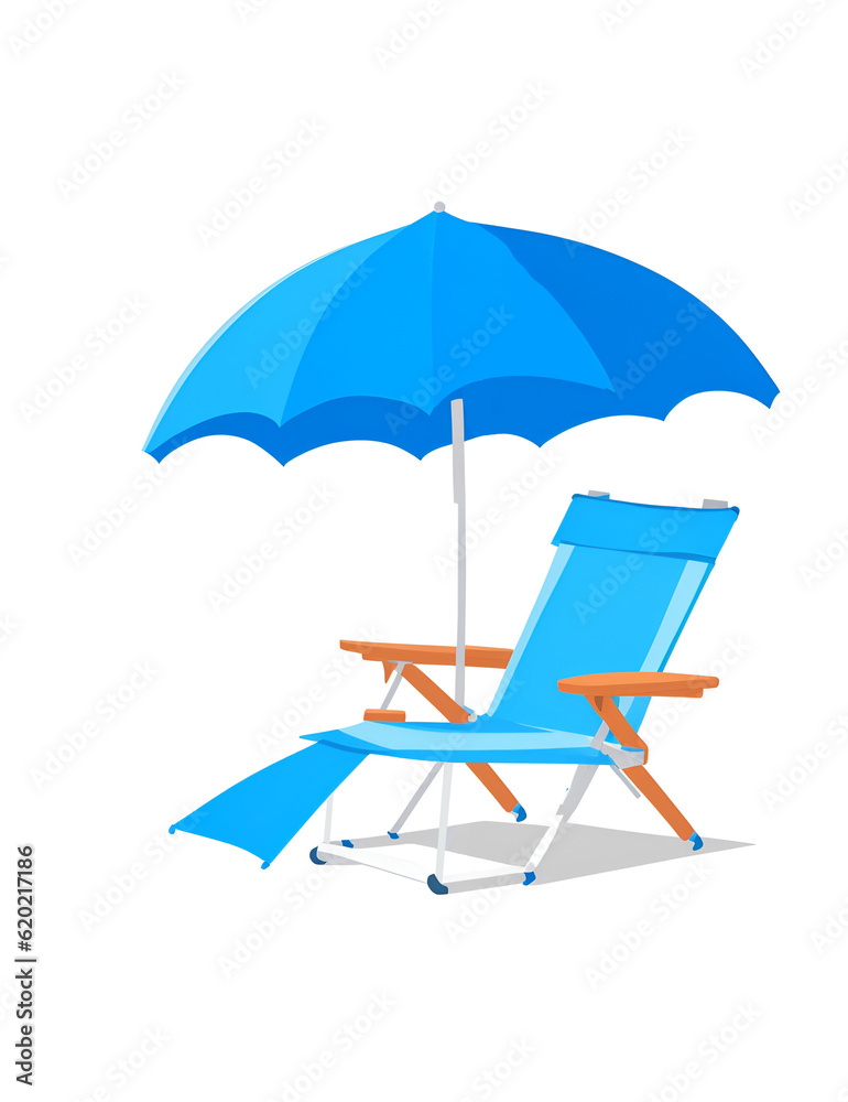 Beach Blue umbrella with chairs and beach accessories on the bright white background. Summer vacation concept. Minimalism concept. Beach Blue umbrella with chairs and beach accessories on the bright white background. Summer vacation concept. Minimalism concept.