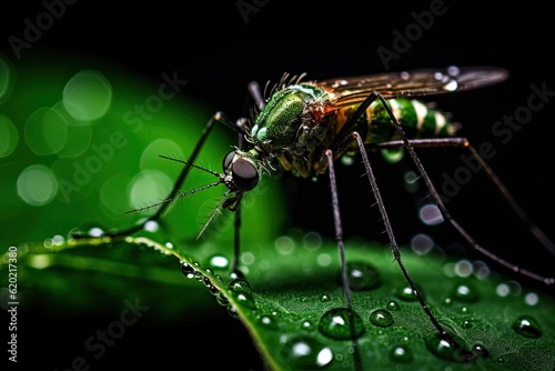 Close-up of mosquito on the vibrant green leaf, health care, awareness  - Generative AI