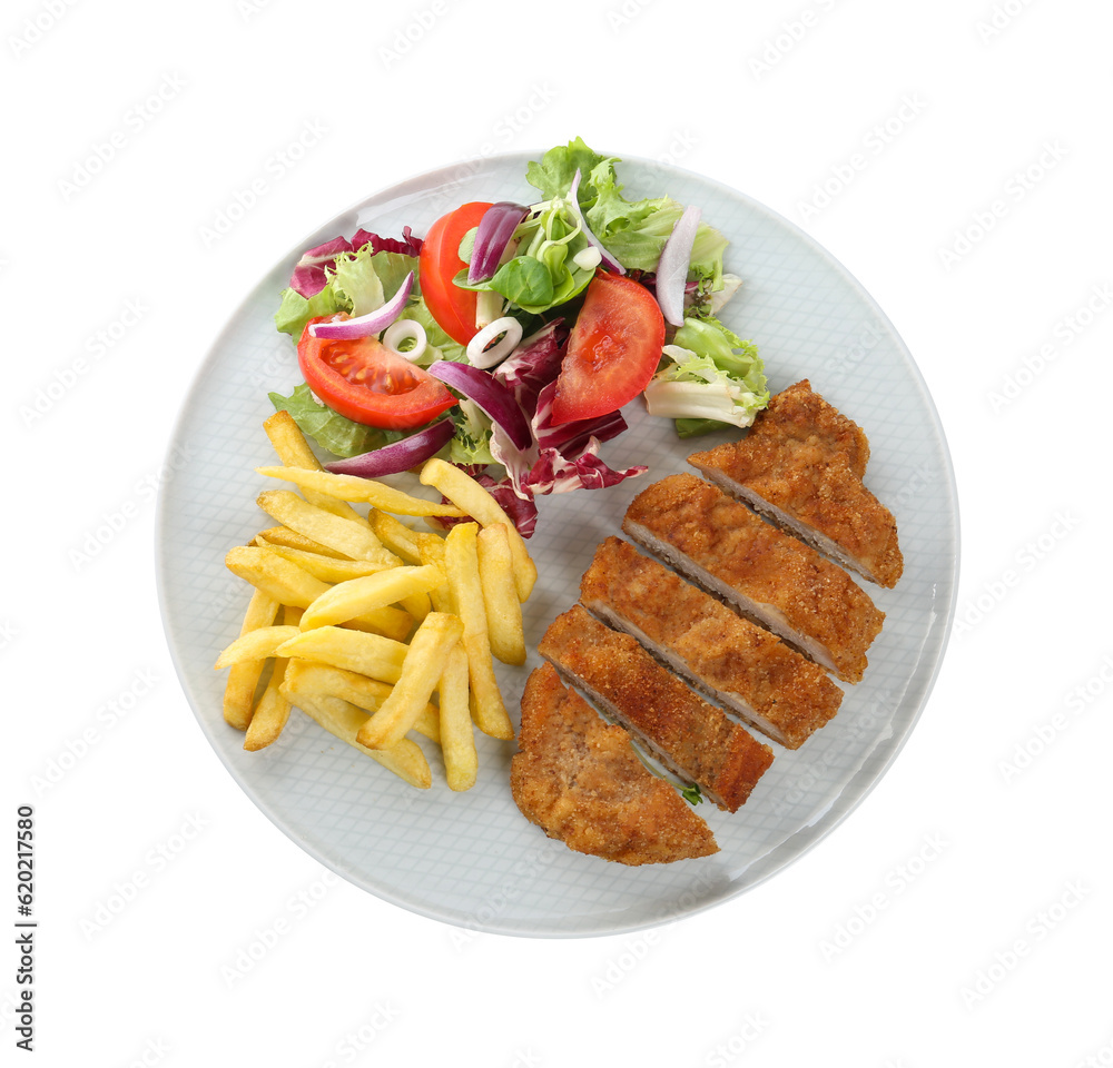 Plate of delicious cut schnitzel with french fries and vegetable salad isolated on white, top view Plate of delicious cut schnitzel with french fries and vegetable salad isolated on white, top view