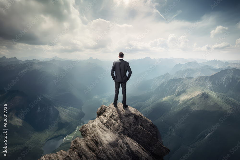 Businessman standing victoriously atop a mountain peak, embaodying vision, leadership, and success. Overcoming obstacles, he achieves goals with determination and motivation, generative AI