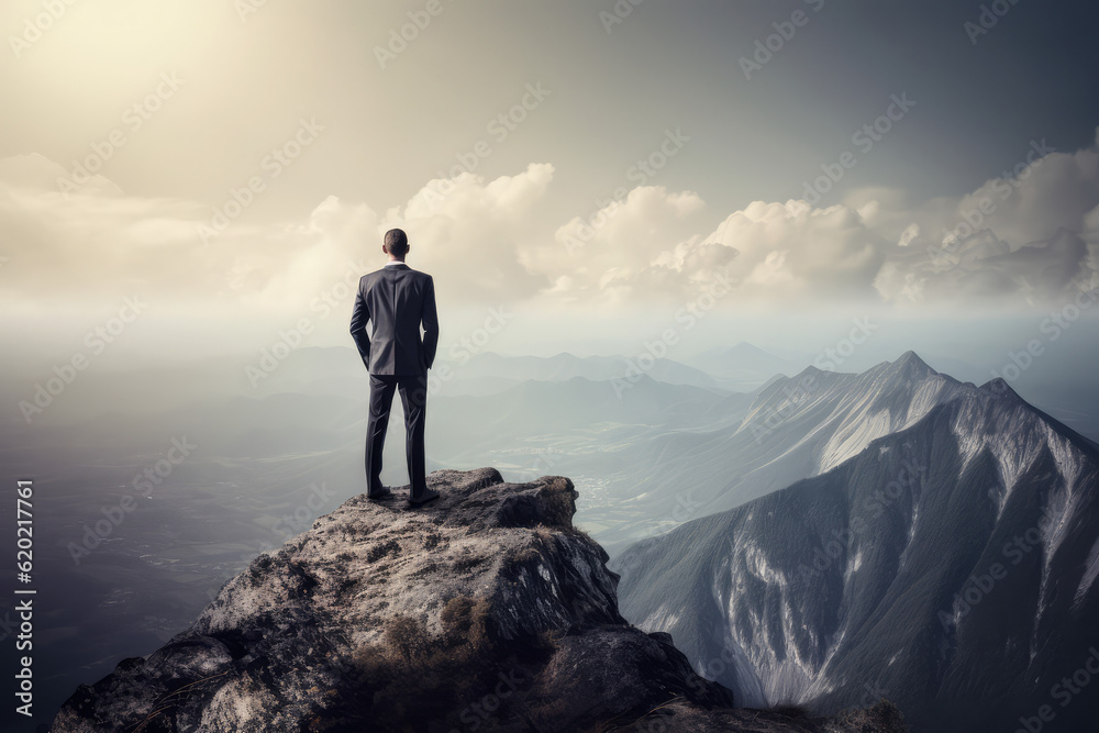Businessman standing victoriously atop a mountain peak, embaodying vision, leadership, and success. Overcoming obstacles, he achieves goals with determination and motivation, generative AI
