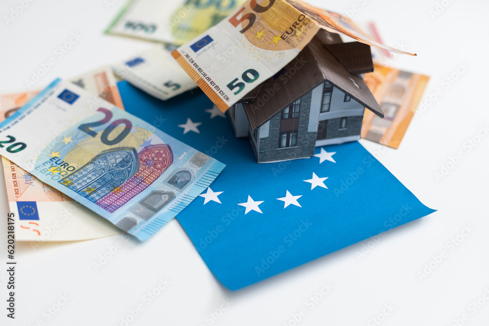 Real estate concept with Euro bank notes House and coins