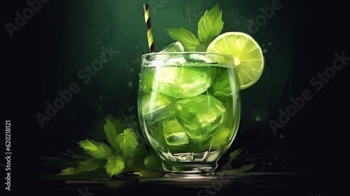 Illustration of a refreshing green cocktail with ice and a slice of lime