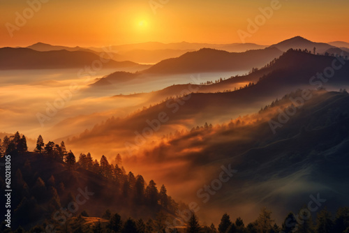 mountains is covered by morning fog and sunrise photography