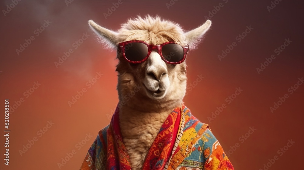Illustration of a cool llama wearing sunglasses and dressed in hippy clothes