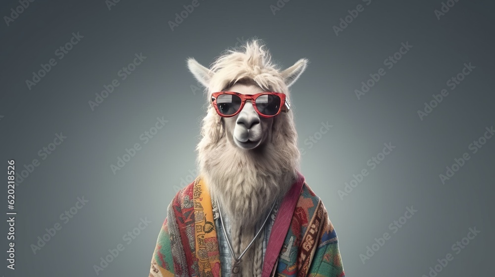 Fototapeta premium Illustration of a cool llama wearing sunglasses and dressed in hippy clothes