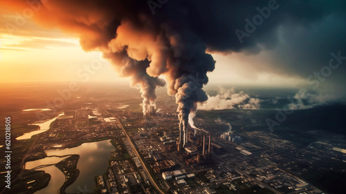 Aerial view reveals a factory engulfed in a dense cloud of smoke, Generative AI
