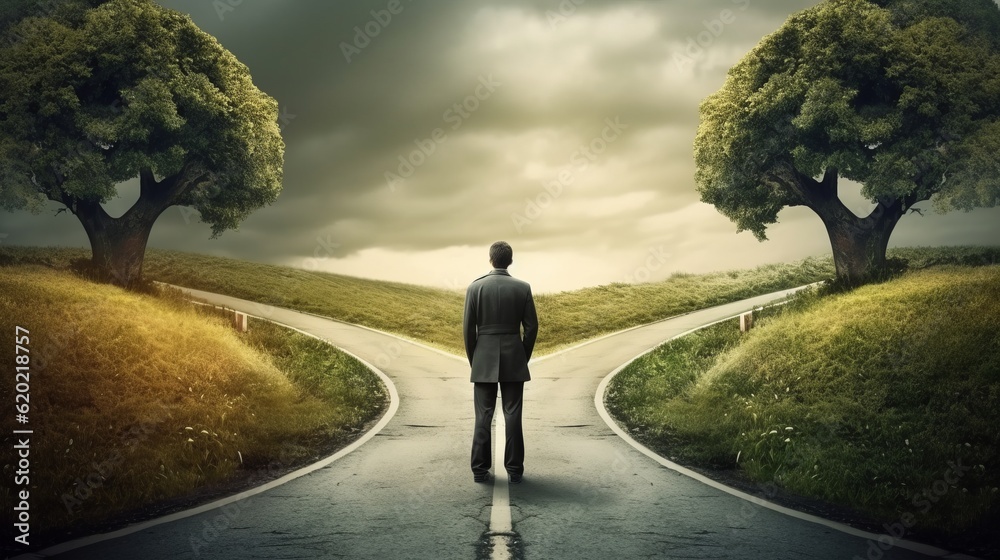 Illustration of a man standing in the middle of a two roads, deciding for best chance Illustration of a man standing in the middle of a two roads, deciding for best chance