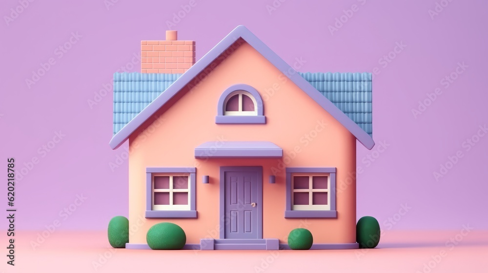 Illustration of a charming pink house with a vibrant blue roof in a picturesque setting Illustration of a charming pink house with a vibrant blue roof in a picturesque setting