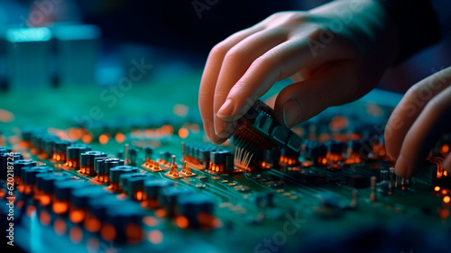Hands in a factory place electronic components onto a motherboard. Generative AI