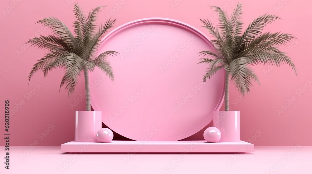 Podium with palm leaf on pink background. Minimal cosmetic background for product presentation Podium with palm leaf on pink background. Minimal cosmetic background for product presentation
