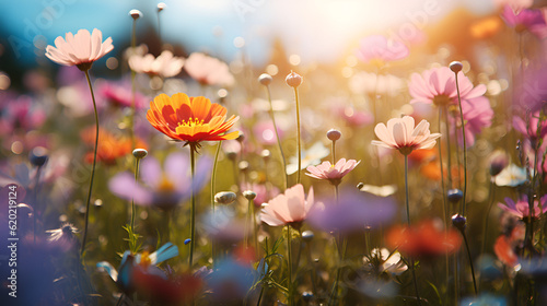 Colorful flower meadow with sunbeams and bokeh lights in summer - nature background banner 