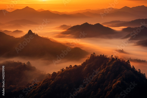 mountains is covered by morning fog and sunrise photography