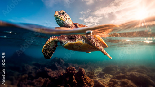 Underwater view of a magnificent sea turtle gracefully swimming, Generative AI