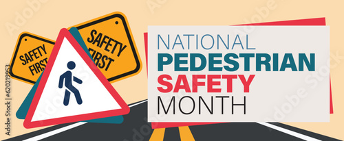 National Pedestrian Safety Month. Observed in August, October, September. Vector banner poster.