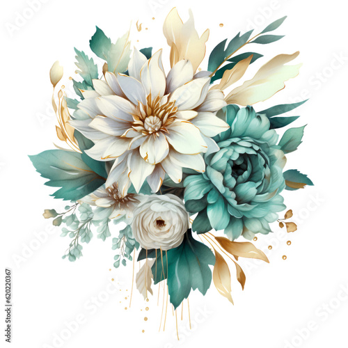 Teal and Gold Flowers Watercolor Clip Art, Watercolor Illustration, Flowers Sublimation Design, Flowers Clip Art.