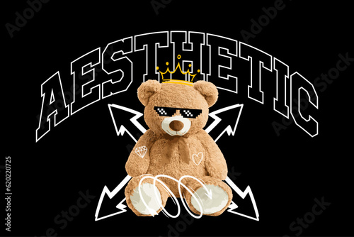 print design with teddy bear illustration in graffiti street art style, for streetwear and urban style t-shirts design, hoodies, etc.