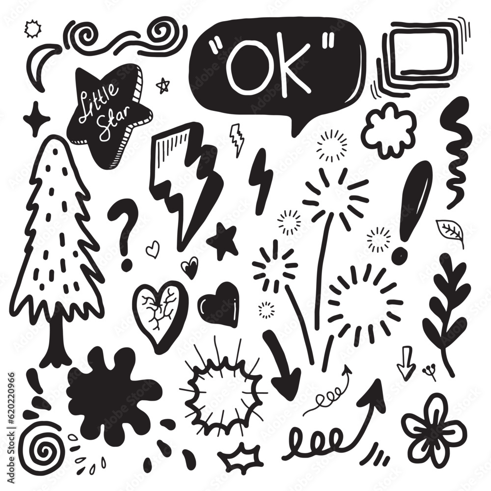 hand drawn set element,black on white background.arrow,leaves,speech bubble,heart,light,king,emphasis,swirl,for concept design. hand drawn set element,black on white background.arrow,leaves,speech bubble,heart,light,king,emphasis,swirl,for concept design.