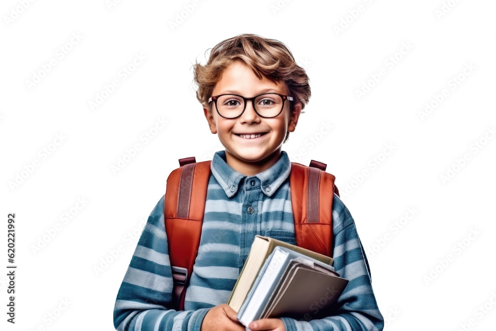 Portrait of little student boy with books wearing glasses and backpack on a transparent background Portrait of little student boy with books wearing glasses and backpack on a transparent background
