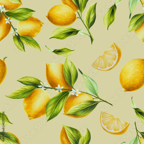 Watercolor seamless pattern with fresh ripe lemon with bright green leaves and flowers. Hand drawn cut citrus slices painting on white background. For 