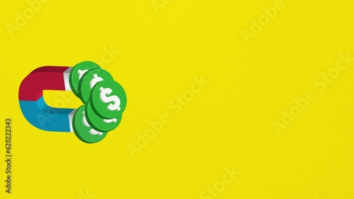 Animated magnet attracts dollars depicting a source of success or a market lure