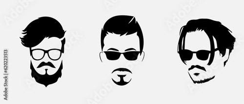 isolated black silhouette of man hairstyle with glasses, vector collection