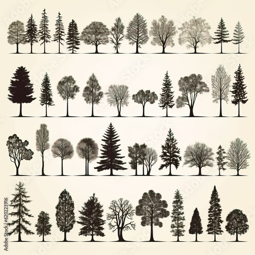 vector image Set of vintage trees and forest silhouett