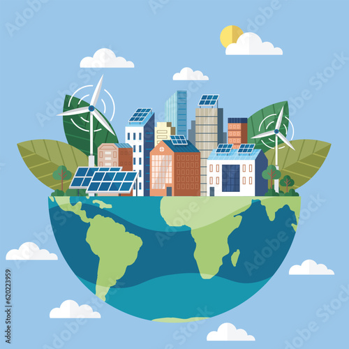 Solar panel on home roof sun system. Solar panels and wind turbines or alternative sources of energy. Eco friendly, sustainable, renewable and alternative energy. Smart grid virtual battery energy