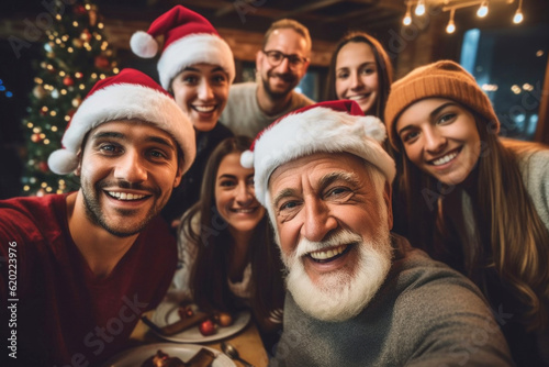 Happy people take family selfie photo together during christmas dinner