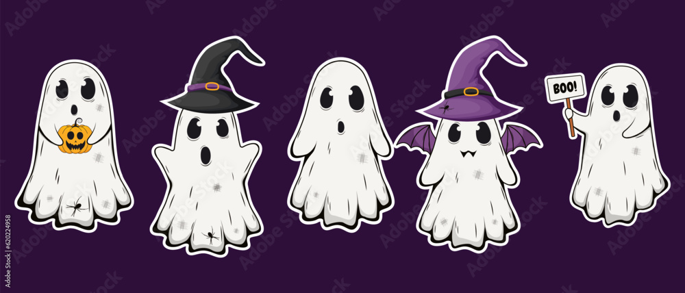 Vector set of halloween ghost character sticker. Funny Hallowwen spooky creatures.Vector illustration