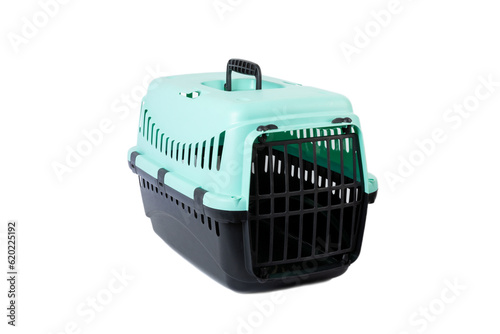Carriers for transporting dogs and cats isolated on white background. Pet care concept. Empty pet carrier. Design