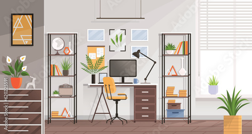 Modern home office interior. Remote workplace with desk, chair, computer and potted plants. Front view of empty working place with furniture. Interior for freelancer. Work table with wheelchair
