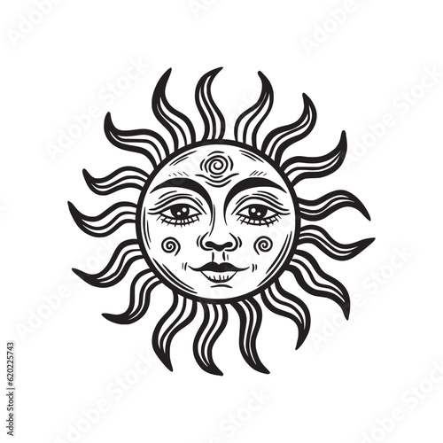 Sun with a face. Bohemian illustration. Hand drawn style