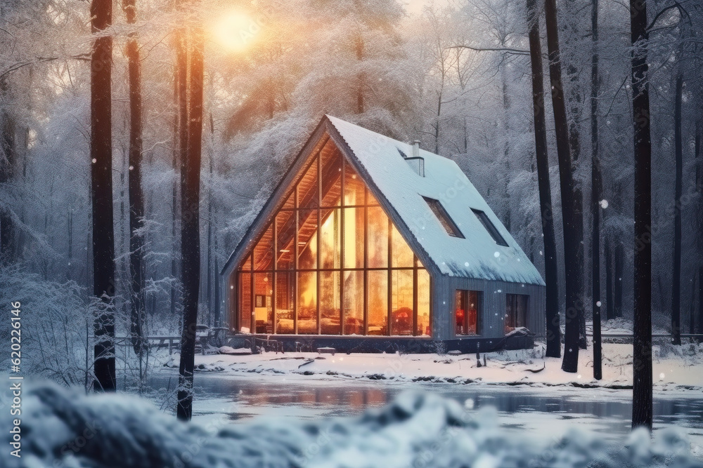 Landscape of wooden house in snow forest, winter fairy tale