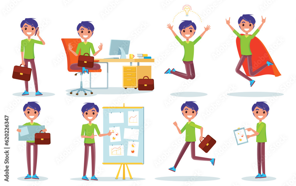 Set of student boy doing educational activities. Kid playing, standing in different poses set. Cheerful pupil at school. College teenager schoolboy daily life, studying and preparing for school lesson
