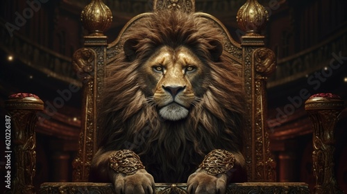 Royal lion sitting on a hrone closeup.Generative AI