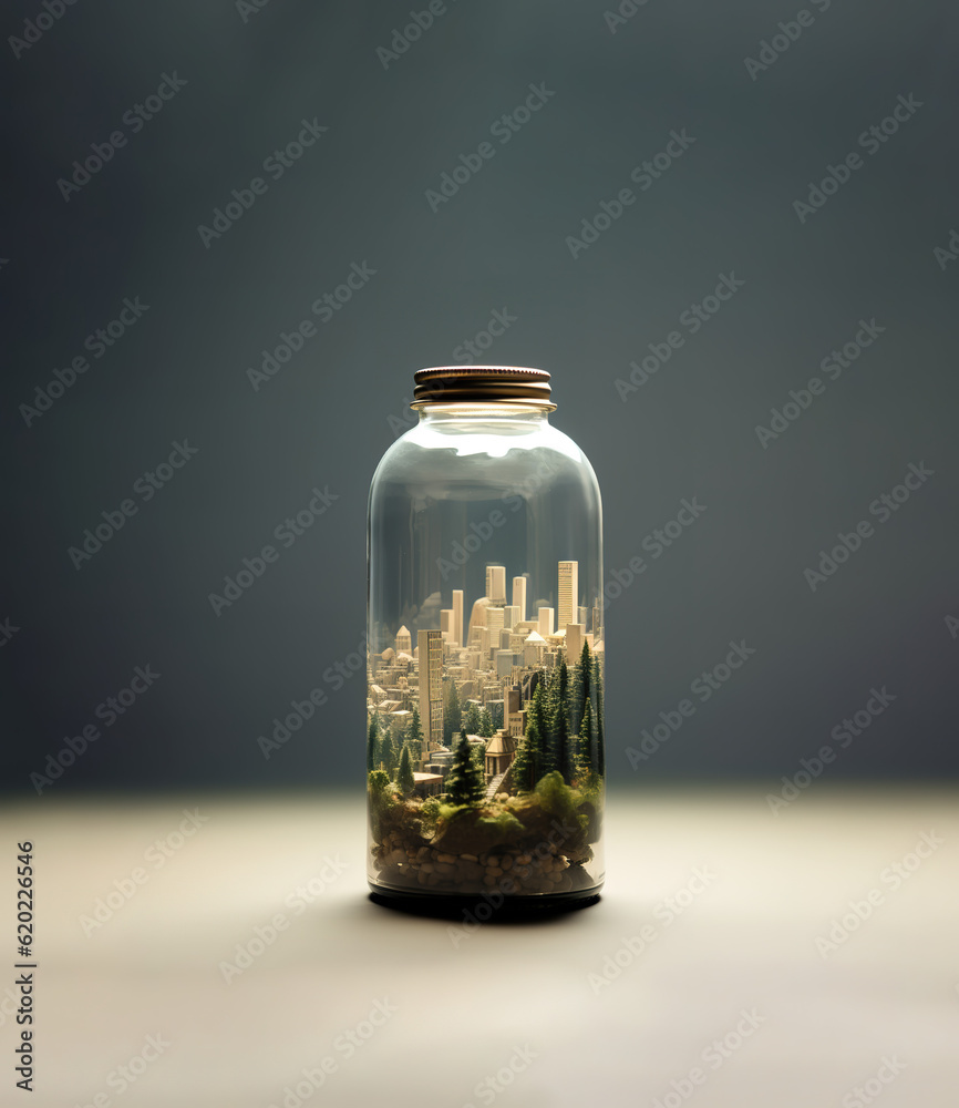 Tiny city inside a transparent glass bottle Tiny city inside a transparent glass bottle