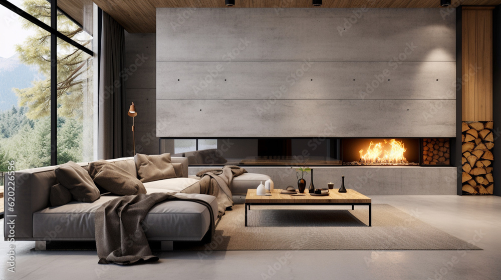 Minimalist style interior design of a modern living room with fireplace and concrete walls. Minimalist style interior design of a modern living room with fireplace and concrete walls.