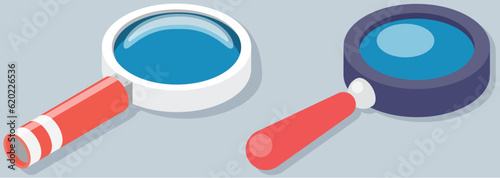 Magnifying glass isolated on white background. Optical device loupe designed to visually enlarge images, objects and small details. Magnifier with long handle and lens. Optical system, search symbol